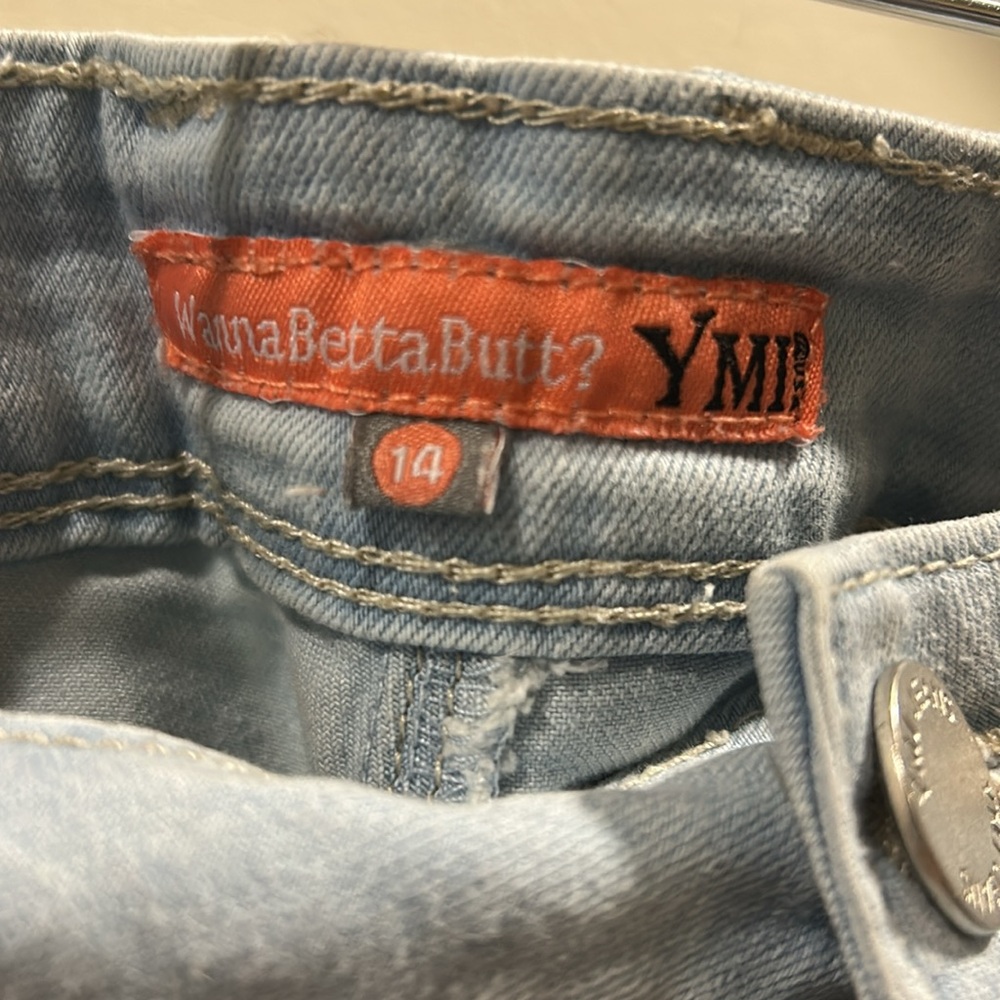 YMI WANNABETTABUTT? Skinny embroidered pockets distress Jeans fringe hem size 14 - Picture 8 of 14